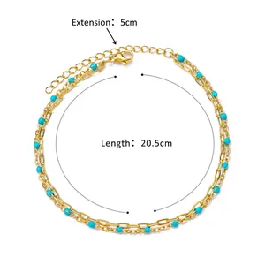 Detailed view of stainless steel turquoise anklet with 20.5cm length plus 5cm extension