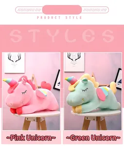 Detailed display of cute unicorn plush toys in soft pink and light green colors