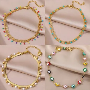 Bohemian Stainless Steel Evil Eye Anklet For Women Colorful Enamel Bead Double Layer Beach Waterproof Jewelry Adjustable Heart Pendant Foot Chain