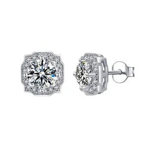 Elegant S925 sterling silver moissanite stud earrings featuring a classic sparkling halo design