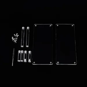 Set of clear acrylic display stand components including plates, rods and assembly tools