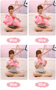 Cute pink unicorn plush toy shown in four sizes: 30cm, 40cm, 60cm, and 80cm length