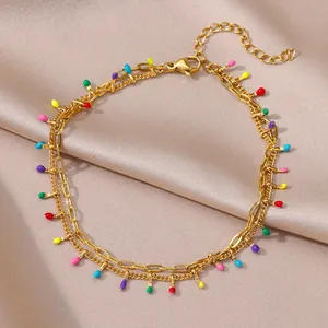 Bohemian gold stainless steel double-layered anklet with colorful enamel drop charms jewelry