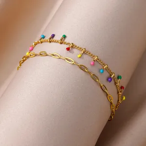 Bohemian gold stainless steel anklet featuring vibrant colorful bead drops for women