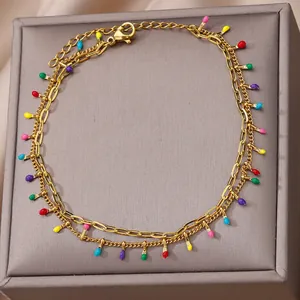 Bohemian gold-plated stainless steel layered anklet with colorful teardrop enamel charms