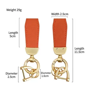 Premium orange goat texture leather car keychain with gold multi-functional key rings