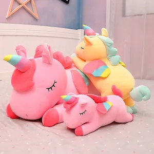 Adorable set of plush unicorn dolls in pink and yellow colors with rainbow wings for girls