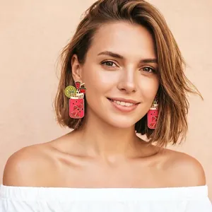 Watermelon Juice Cup Earrings Alloy Enamel Pink Rhinestone Stainless Steel Earring Post Summer Novelty Jewelry For Women