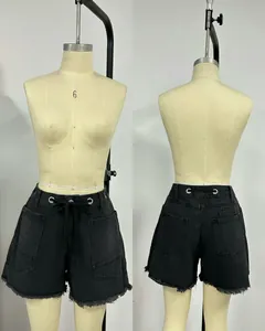 Detailed front and back view of black casual denim shorts with eyelet drawstring and pockets