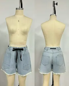 Front and back view of loose denim shorts with drawstring and frayed hem