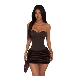 Sexy slim-fit strapless mini dress with brown corset top and faux fur textured skirt