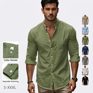Herren Freizeithemd Leinenmischung Stehkragen Henley Langarm Geknöpft Einfarbig Atmungsaktiv Leicht Slim Fit Oberteil