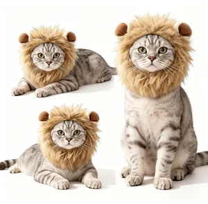 Professional detail shot of a cat wearing a realistic lion mane wig for pet costume.