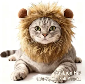 Detailed macro view of soft lion mane wig for cats featuring plush faux fur and ears