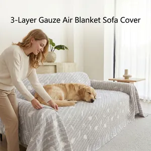 Cozy 3-layer gauze sofa throw blanket with bear print shown in a living room setting