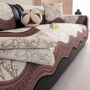 Detailed view of ice silk summer cool sofa cover with floral and wavy brown patterns