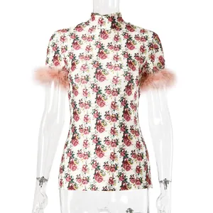 Vintage floral print high-neck short sleeve T-shirt with pink feather trim detail