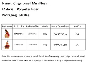 Specification table for Christmas gingerbread man plush toys showing sizes and materials