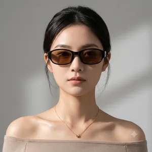Korean style minimalist square black sunglasses with brown lenses shown on female model