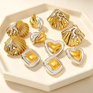 Boucles D'oreilles En Acier Inoxydable Bicolore Cœur Coquillage Étoile De Mer Géométrique Design Unique Pour Femmes