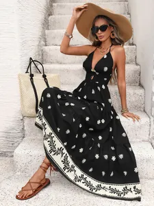 Detailed view of backless halter floral print maxi dress for summer beach vacation