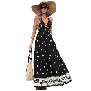 Elegant summer floral print halter maxi dress, sexy backless vacation style long dress