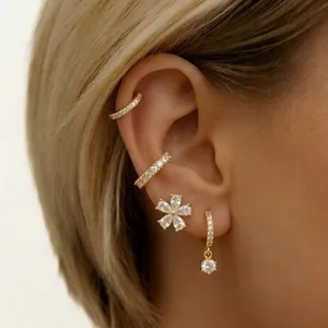 Copper Gold Plated Zirconia Earrings Set With 925 Sterling Silver Earring Post Floral Hoop Stud Earrings Women Jewelry