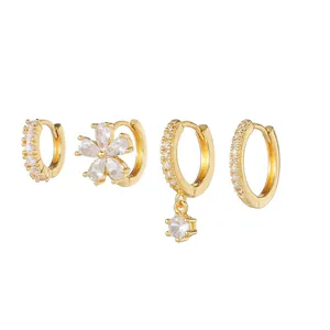 Elegant 18K gold plated flower hoop earrings set with sparkling CZ accents for women