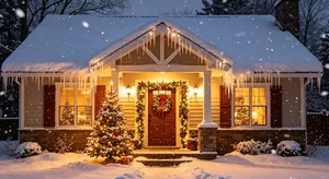 Realistic foam icicles hanging from house eaves for Christmas snow scene decorations