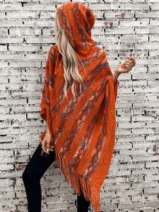 Women Hooded Striped Knit Poncho With Tassels Bohemian Loose Pullover Cape Sweater For Autumn Winter Fashion Clothing