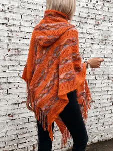 Women's cozy colorful striped hooded knitted poncho with bohemian tassel fringe