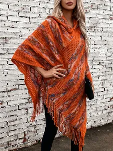 Women's colorful striped hooded knitted poncho with tassels for autumn and winter