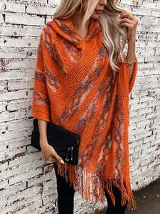 Vibrant colorful striped hooded knitted poncho with fringe for women, loose pullover shawl