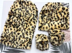 Close-up view of leopard print faux fur costume set with hood hat and paw gloves