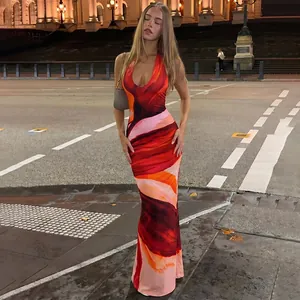 Elegant sexy abstract print halter maxi dress with backless design on city street