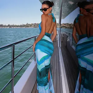 Sexy blue print backless halter maxi dress with side slit for summer beach cruise