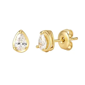 Elegant 925 sterling silver pear cut zircon stud earrings in luxury gold finish