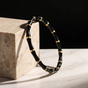 Elegant luxury black and gold bamboo node stainless steel bangle jewelry for women