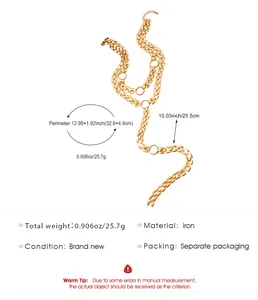 Detail of gold watch-band style chain necklace with measurements and material info.