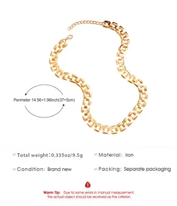 Detail view of gold watchband link necklace with size and material specifications
