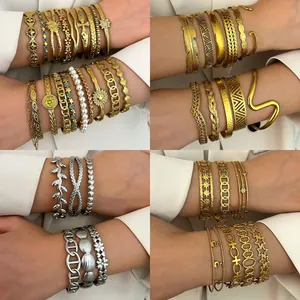 Vintage Stainless Steel Bangle For Women Bohemian Rhinestone Artificial Pearl Stackable Cuff Bracelet Gold Silver Jewelry