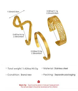 Detail view of three gold bohemian stainless steel bangles with dimensions and weight.