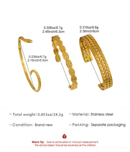 Detail view of 3 gold stainless steel bracelets with dimensions and weights.
