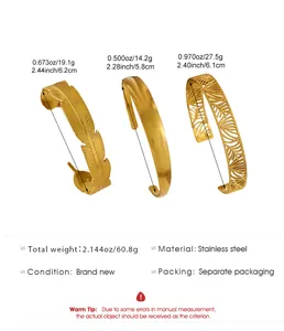 Detailed view of three gold stainless steel bohemian cuff bracelets with size and weight info