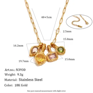 Detailed measurements of 18K gold plated stainless steel necklace with colorful pendants