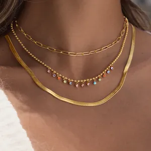 Σετ πολυεπίπεδο κολιέ από ατσάλι 18k με πολύχρωμα ζιργκόν και αλυσίδα φίδι σε χρυσό χρώμα