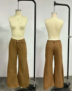 Detail views of brown high-waisted retro wide-leg jeans with front-back design