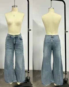 Front and back view of retro high-waist wide-leg denim jeans for women on a studio mannequin.