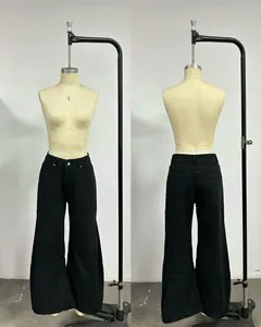 Front and back view of black high-waisted wide-leg denim jeans on a studio mannequin