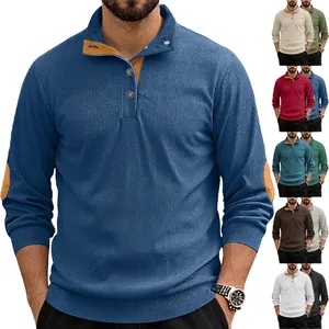 Sweatshirt Homme En Velours Côtelé À Manches Longues Avec Col Henley Et Patchs Aux Coudes Haut Pullover Rétro